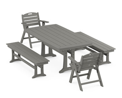 Nautical Folding Lowback Chair 5-Piece Dining Set with Trestle Legs and Benches