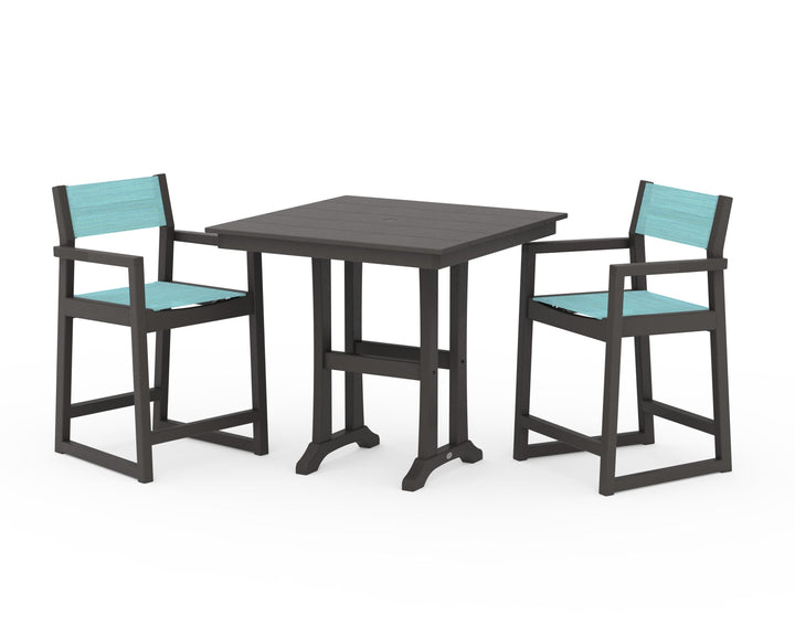 POLYWOOD® EDGE Sling Arm Chair 3-Piece Farmhouse Counter Set with Trestle Legs