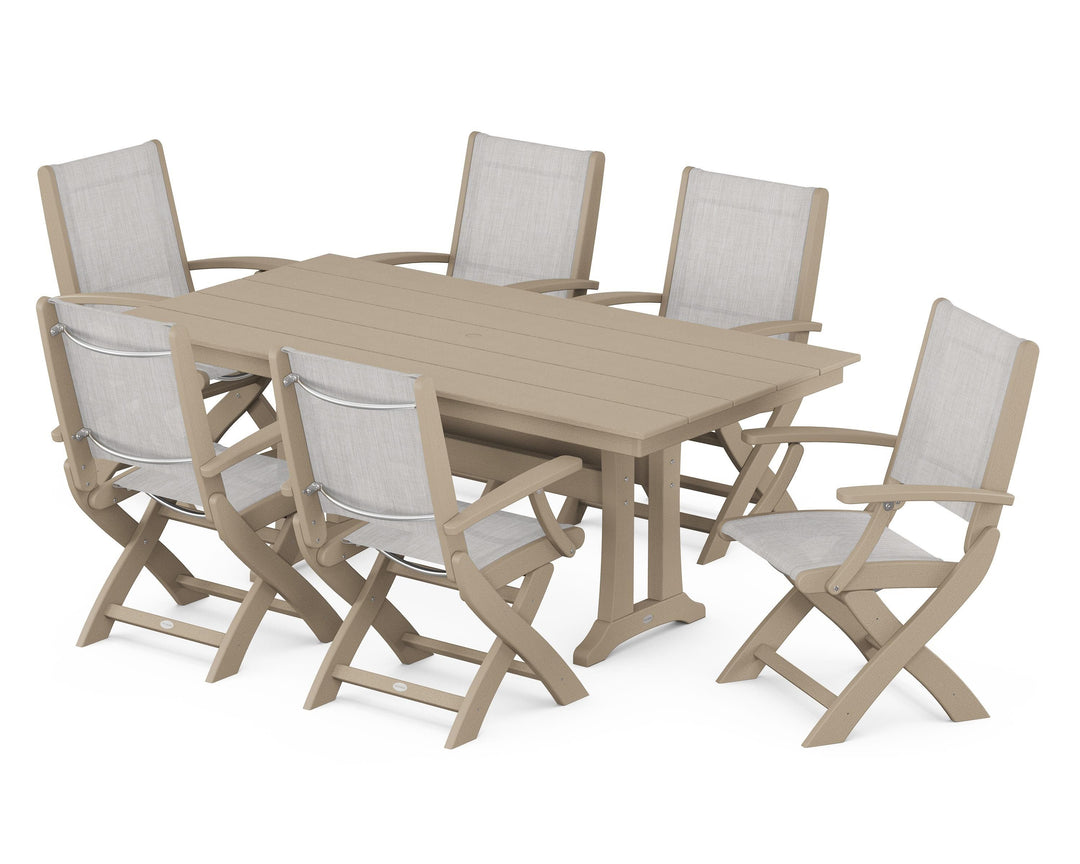 POLYWOOD® Coastal Folding Arm Chair 7-Piece Farmhouse Dining Set with Trestle Legs