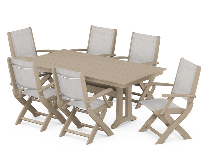 POLYWOOD® Coastal Folding Arm Chair 7-Piece Farmhouse Dining Set with Trestle Legs