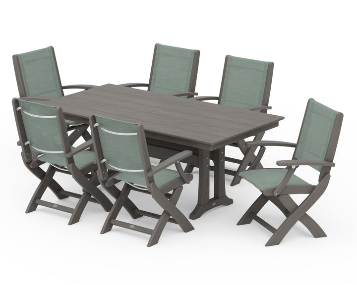 POLYWOOD® Coastal Folding Arm Chair 7-Piece Farmhouse Dining Set with Trestle Legs
