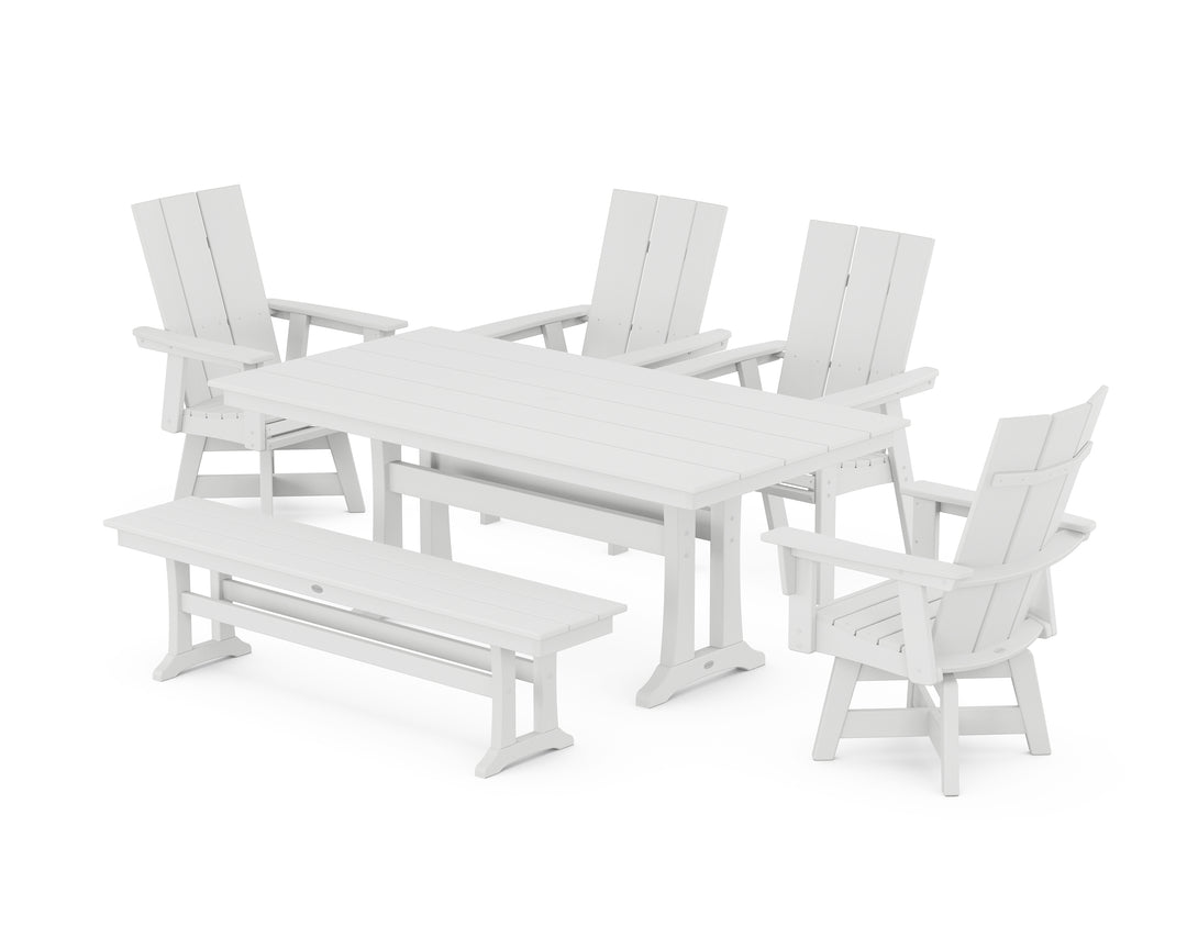 POLYWOOD® Modern Curveback Adirondack Swivel Chair 6-Piece Farmhouse Dining Set With Trestle Legs and Bench