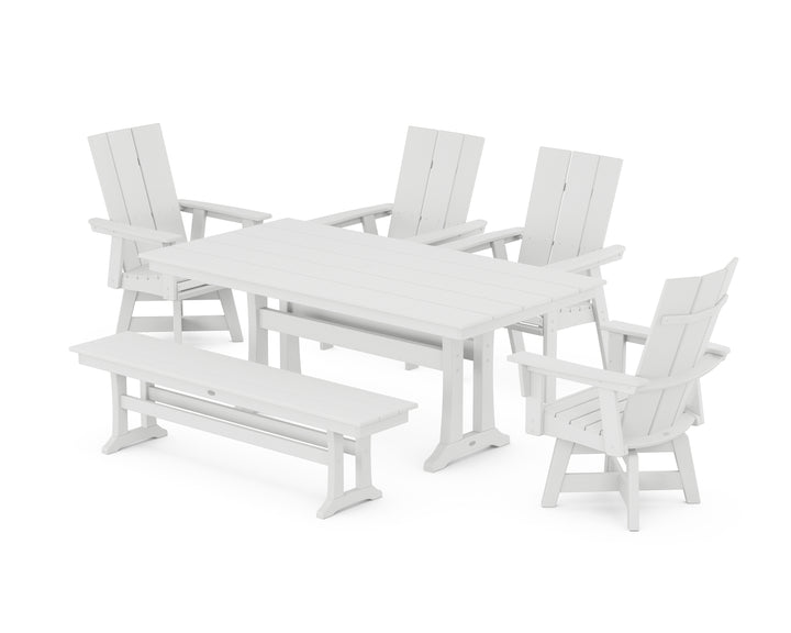 POLYWOOD® Modern Curveback Adirondack Swivel Chair 6-Piece Farmhouse Dining Set With Trestle Legs and Bench