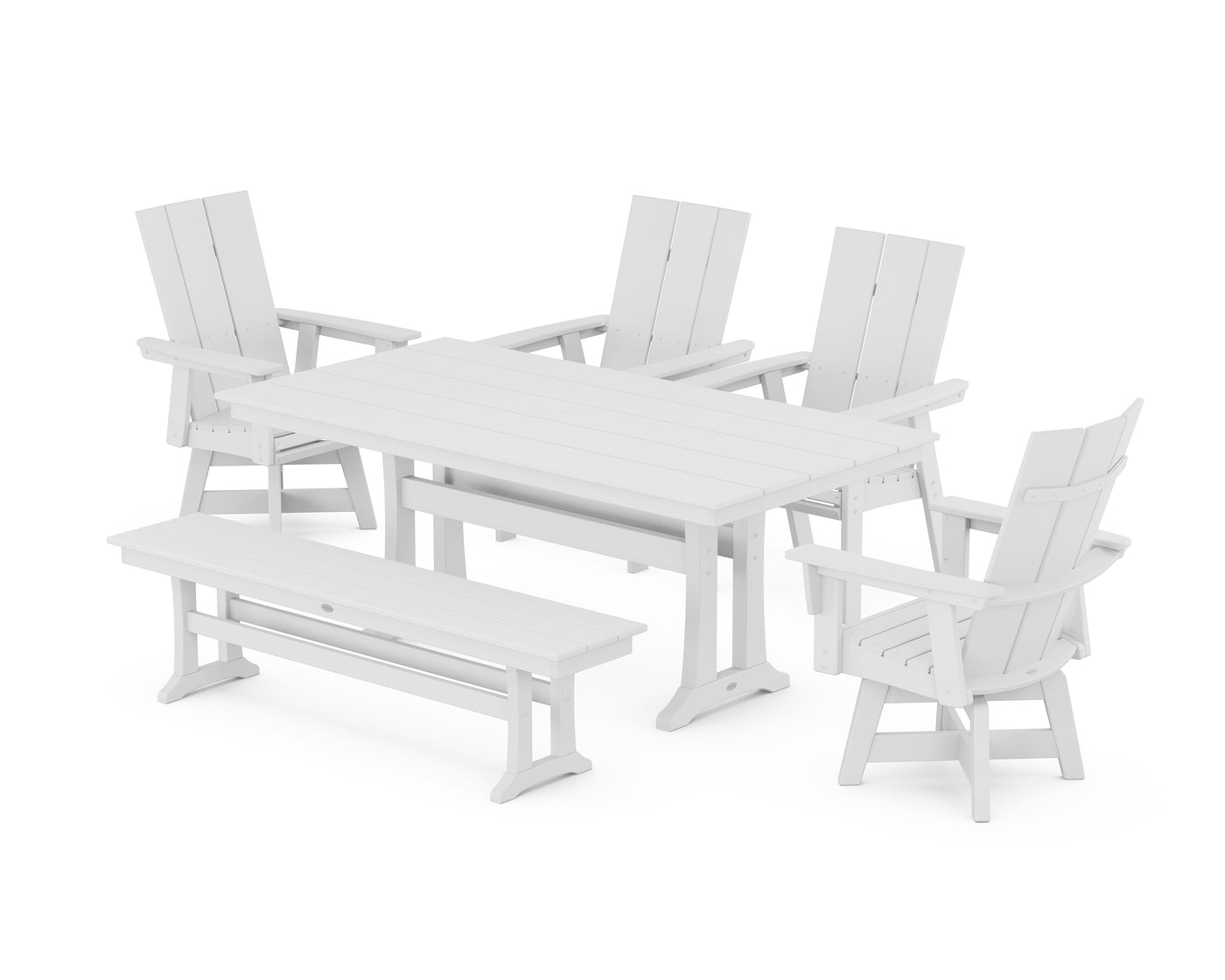 Modern Curveback Adirondack Swivel Chair 6-Piece Farmhouse Dining Set With Trestle Legs and Bench