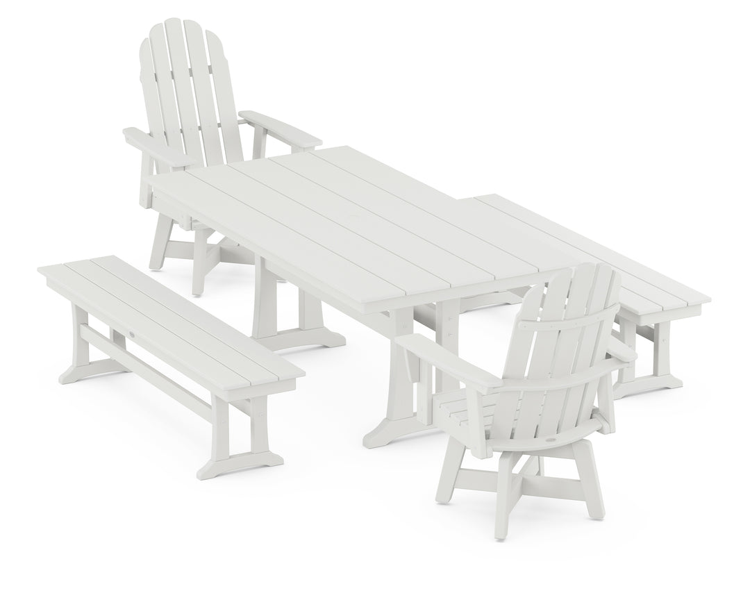 POLYWOOD® Vineyard Curveback Adirondack Swivel Chair 5-Piece Farmhouse Dining Set With Trestle Legs and Benches