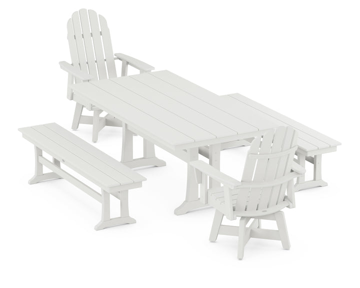 POLYWOOD® Vineyard Curveback Adirondack Swivel Chair 5-Piece Farmhouse Dining Set With Trestle Legs and Benches