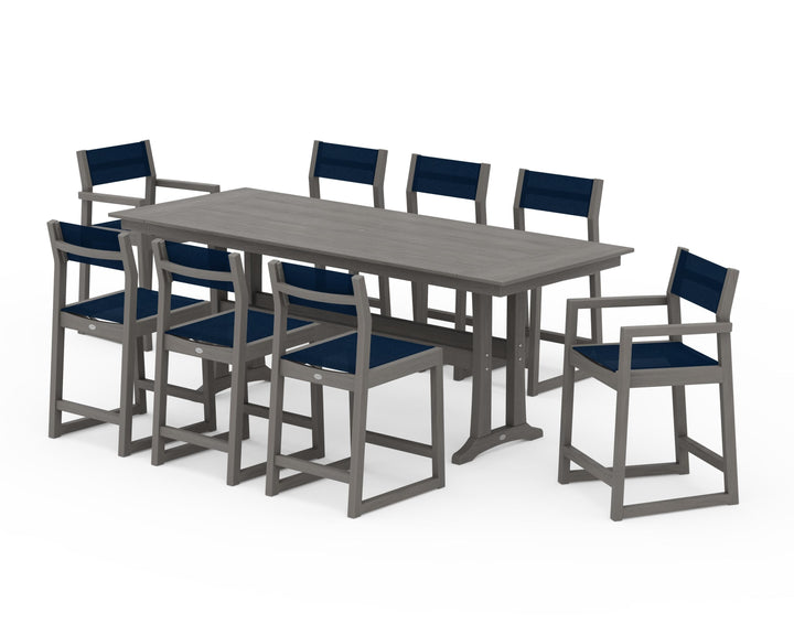 POLYWOOD® EDGE Sling 9-Piece Farmhouse Counter Set with Trestle Legs