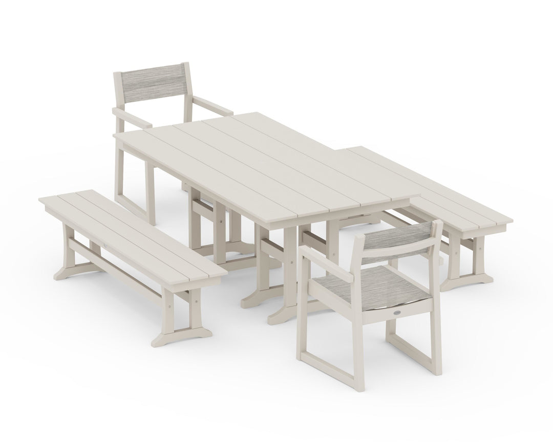 POLYWOOD® EDGE Sling Arm Chair 5-Piece Farmhouse Dining Set with Benches