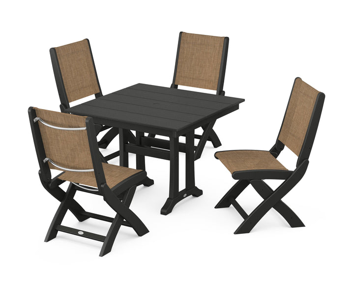 POLYWOOD® Coastal Folding Side Chair 5-Piece Farmhouse Dining Set With Trestle Legs