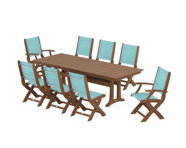 POLYWOOD® Coastal 9-Piece Folding Dining Chair Farmhouse Dining Set with Trestle Legs