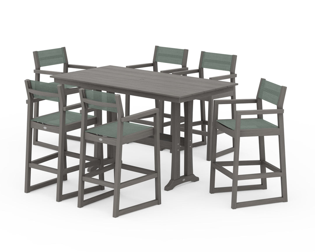 POLYWOOD® EDGE Sling Arm Chair 7-Piece Farmhouse Bar Set with Trestle Legs