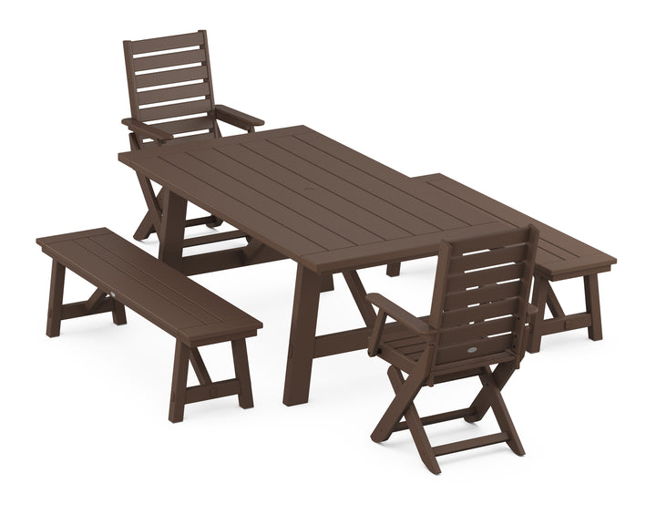 POLYWOOD® Captain Folding Chair 5-Piece Rustic Farmhouse Dining Set With Benches