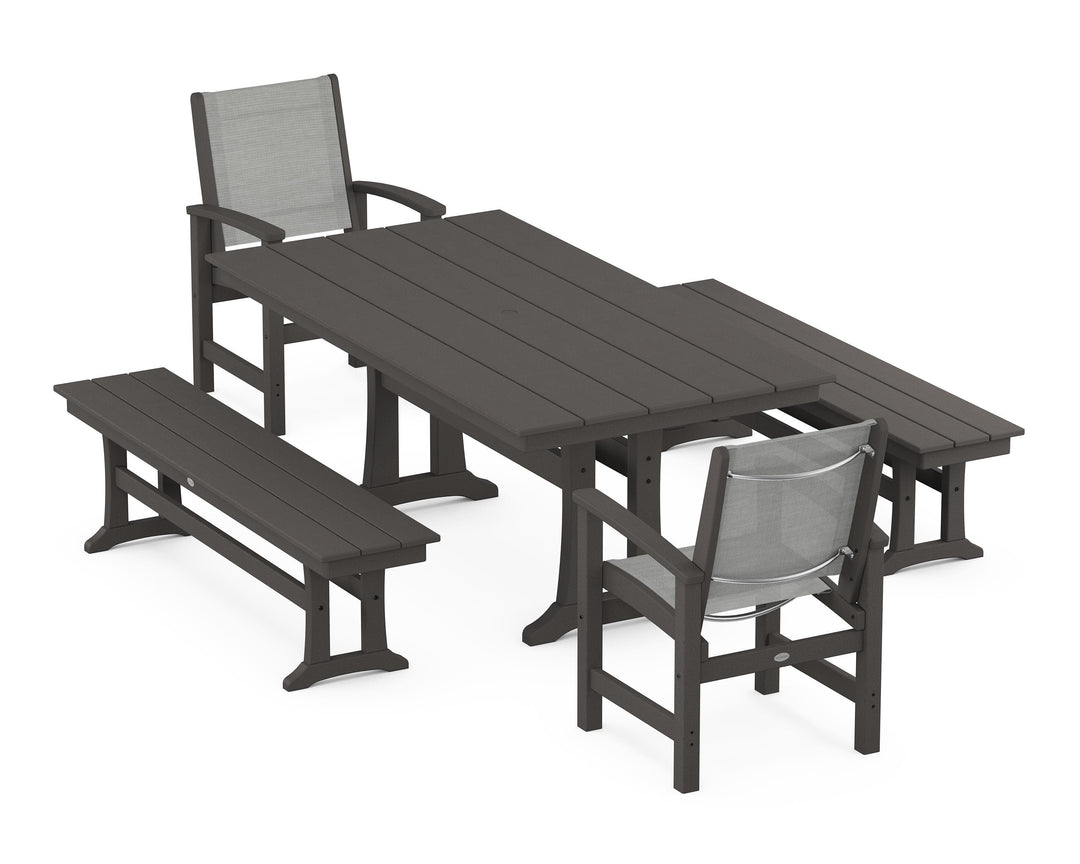 POLYWOOD® Coastal 5-Piece Farmhouse Dining Set with Trestle Legs and Benches