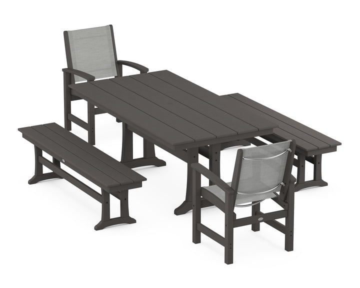 POLYWOOD® Coastal 5-Piece Farmhouse Dining Set with Trestle Legs and Benches