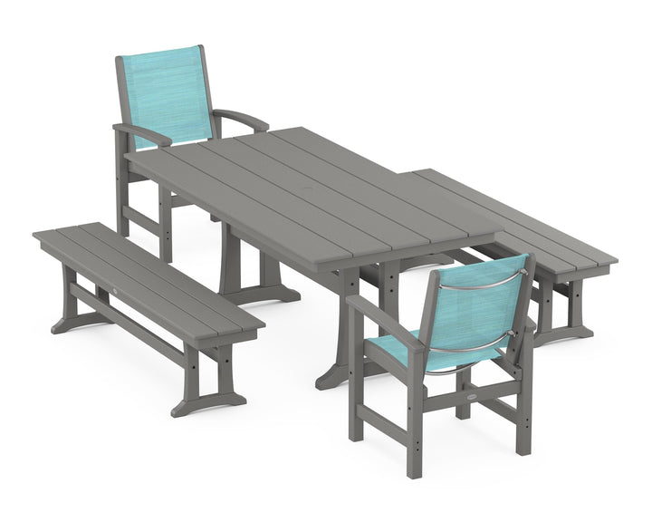 POLYWOOD® Coastal 5-Piece Farmhouse Dining Set with Trestle Legs and Benches