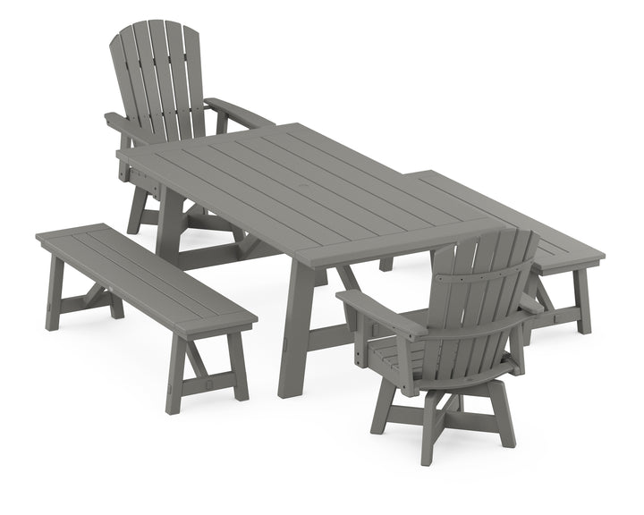POLYWOOD® Nautical Curveback Adirondack Swivel Chair 5-Piece Rustic Farmhouse Dining Set With Benches