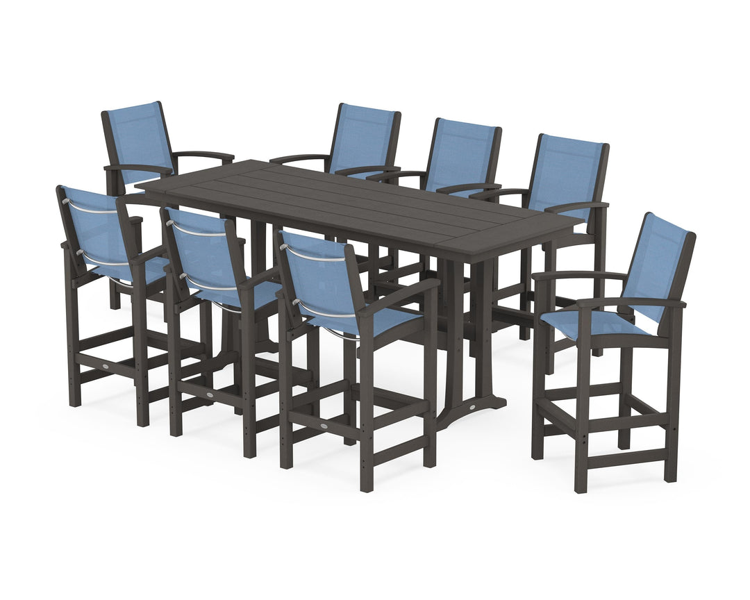 POLYWOOD® Coastal 9-Piece Farmhouse Bar Set with Trestle Legs