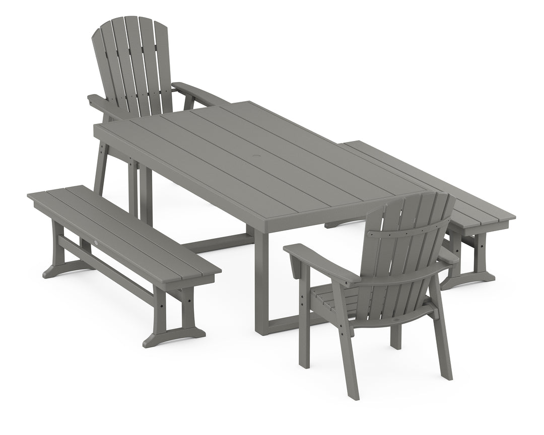 POLYWOOD® Nautical Curveback Adirondack 5-Piece Dining Set with Benches