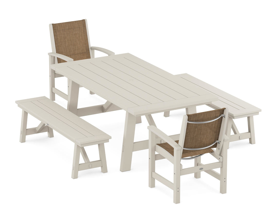 POLYWOOD® Coastal 5-Piece Rustic Farmhouse Dining Set With Benches