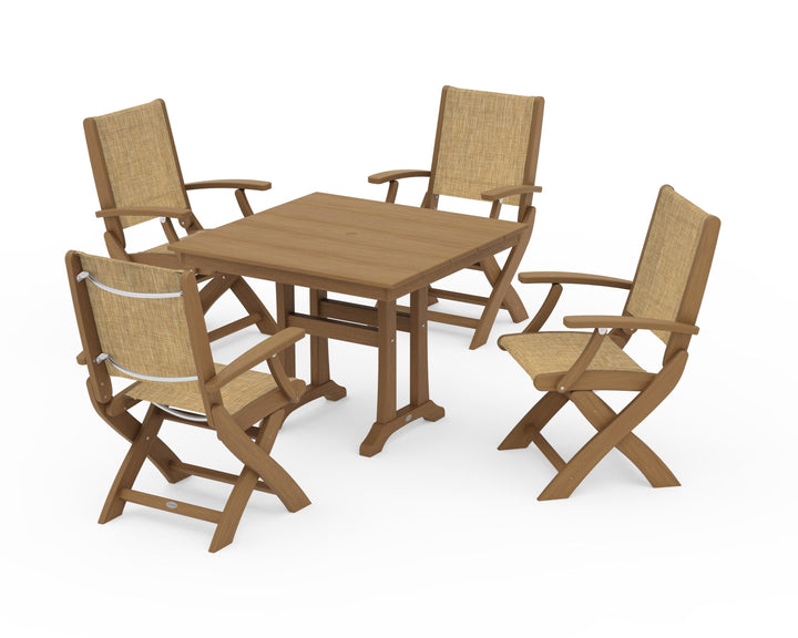 POLYWOOD® Coastal Folding Chair 5-Piece Farmhouse Dining Set With Trestle Legs