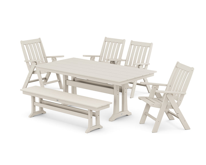 POLYWOOD® Vineyard 6-Piece Folding Chair Farmhouse Dining Set with Trestle Legs and Bench