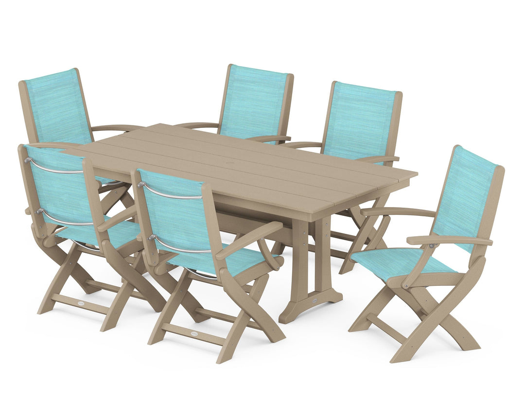 POLYWOOD® Coastal Folding Arm Chair 7-Piece Farmhouse Dining Set with Trestle Legs