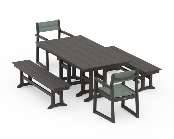 POLYWOOD® EDGE Sling Arm Chair 5-Piece Farmhouse Dining Set with Benches