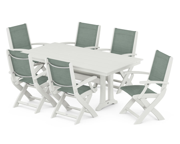POLYWOOD® Coastal Folding Arm Chair 7-Piece Farmhouse Dining Set with Trestle Legs