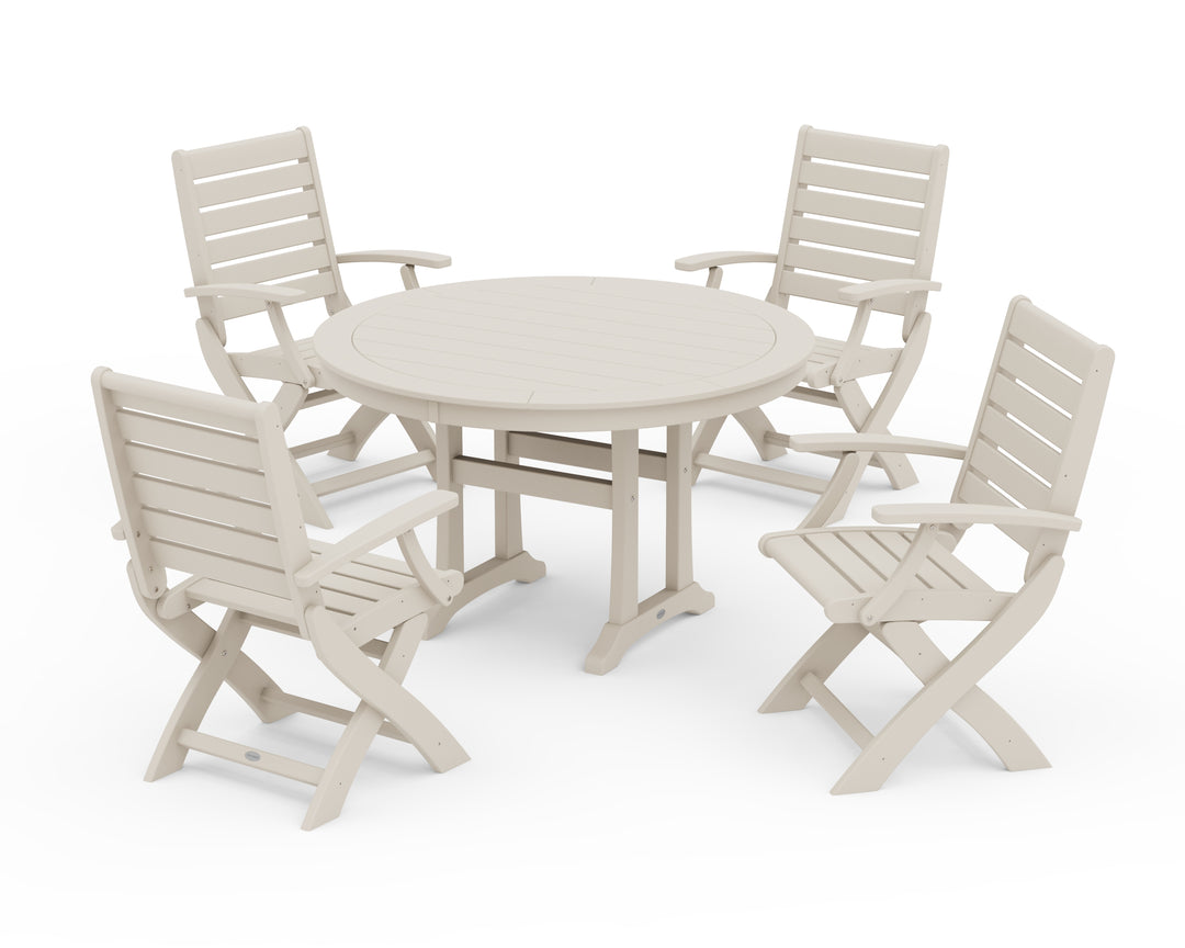 POLYWOOD® Signature Folding Chair 5-Piece Round Dining Set with Trestle Legs
