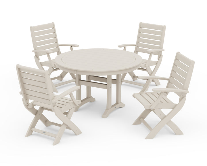POLYWOOD® Signature Folding Chair 5-Piece Round Dining Set with Trestle Legs