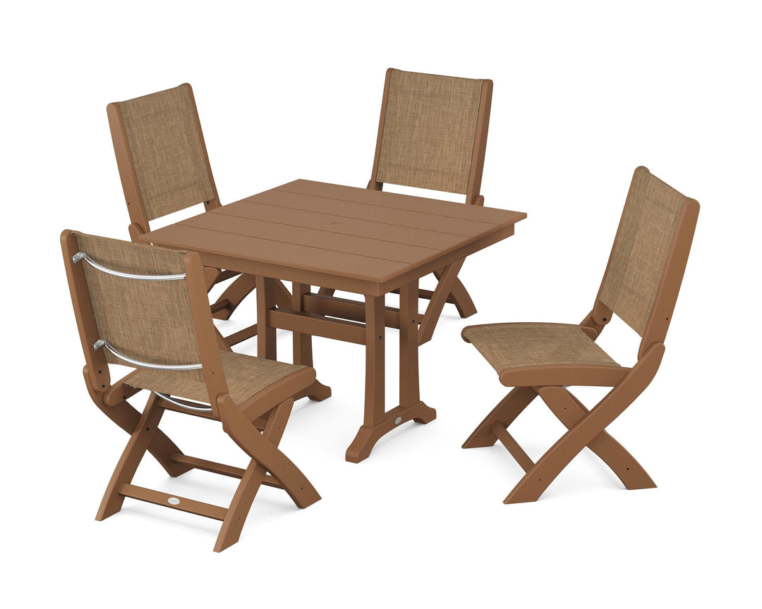 POLYWOOD® Coastal Folding Side Chair 5-Piece Farmhouse Dining Set With Trestle Legs