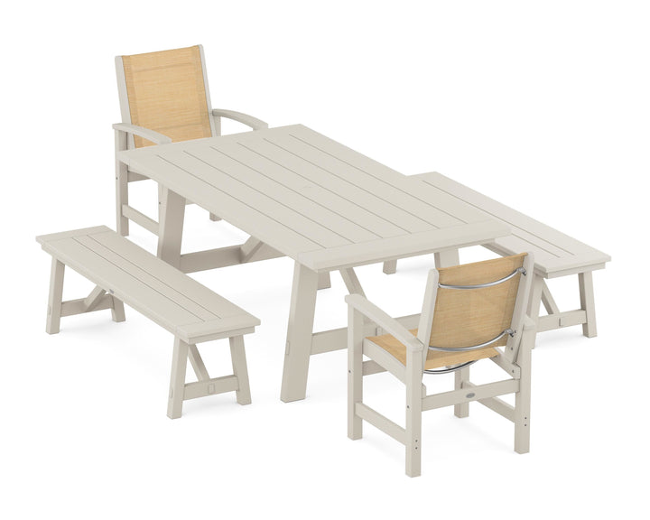 POLYWOOD® Coastal 5-Piece Rustic Farmhouse Dining Set With Benches