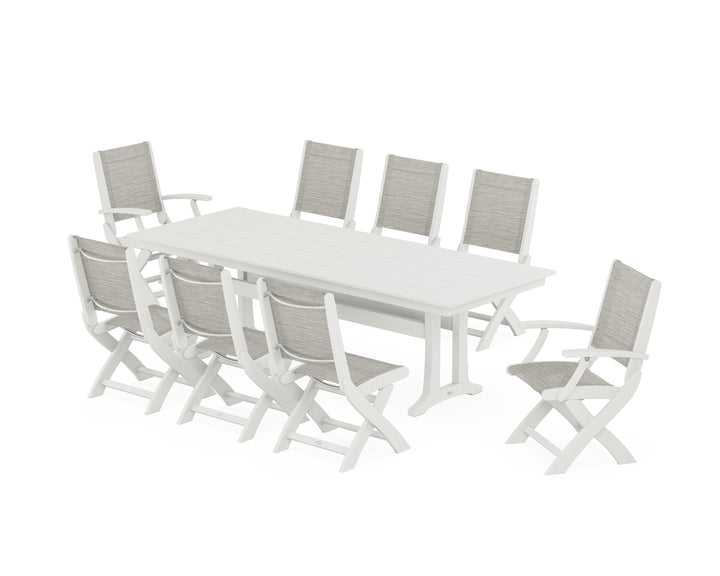 POLYWOOD® Coastal 9-Piece Folding Dining Chair Farmhouse Dining Set with Trestle Legs