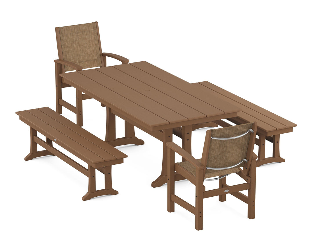 POLYWOOD® Coastal 5-Piece Farmhouse Dining Set with Trestle Legs and Benches