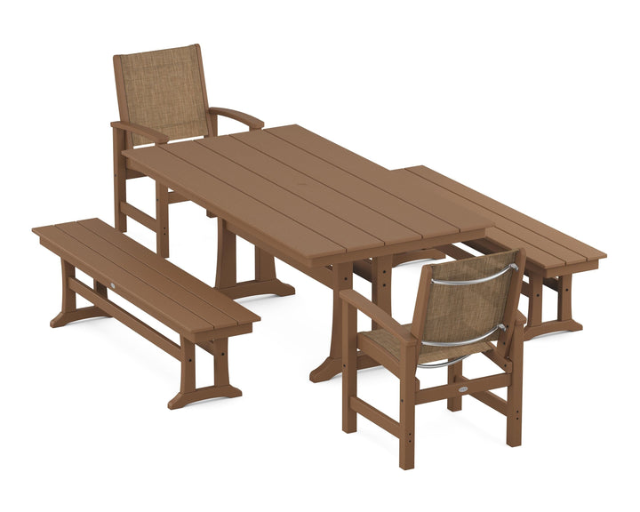 POLYWOOD® Coastal 5-Piece Farmhouse Dining Set with Trestle Legs and Benches