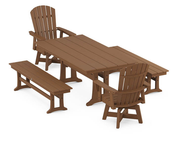 POLYWOOD® Nautical Curveback Adirondack Swivel Chair 5-Piece Farmhouse Dining Set With Trestle Legs and Benches