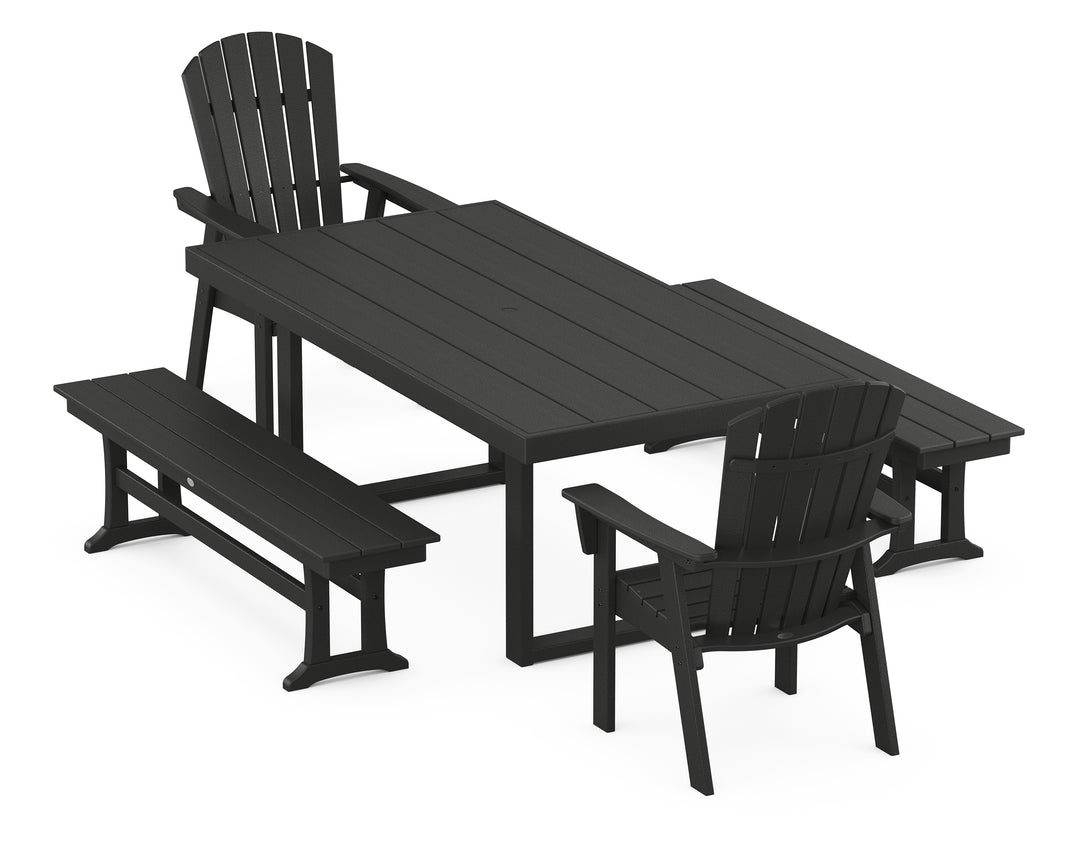 POLYWOOD® Nautical Curveback Adirondack 5-Piece Dining Set with Benches