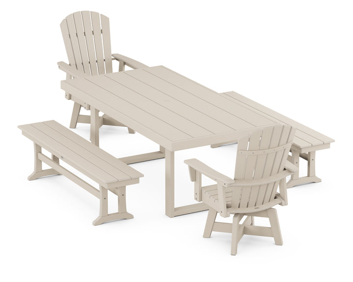 POLYWOOD® Nautical Curveback Adirondack Swivel Chair 5-Piece Dining Set with Benches