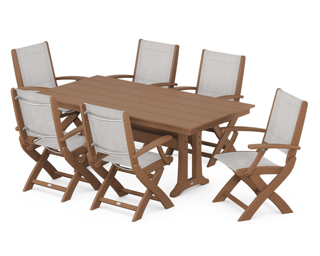 POLYWOOD® Coastal Folding Arm Chair 7-Piece Farmhouse Dining Set with Trestle Legs