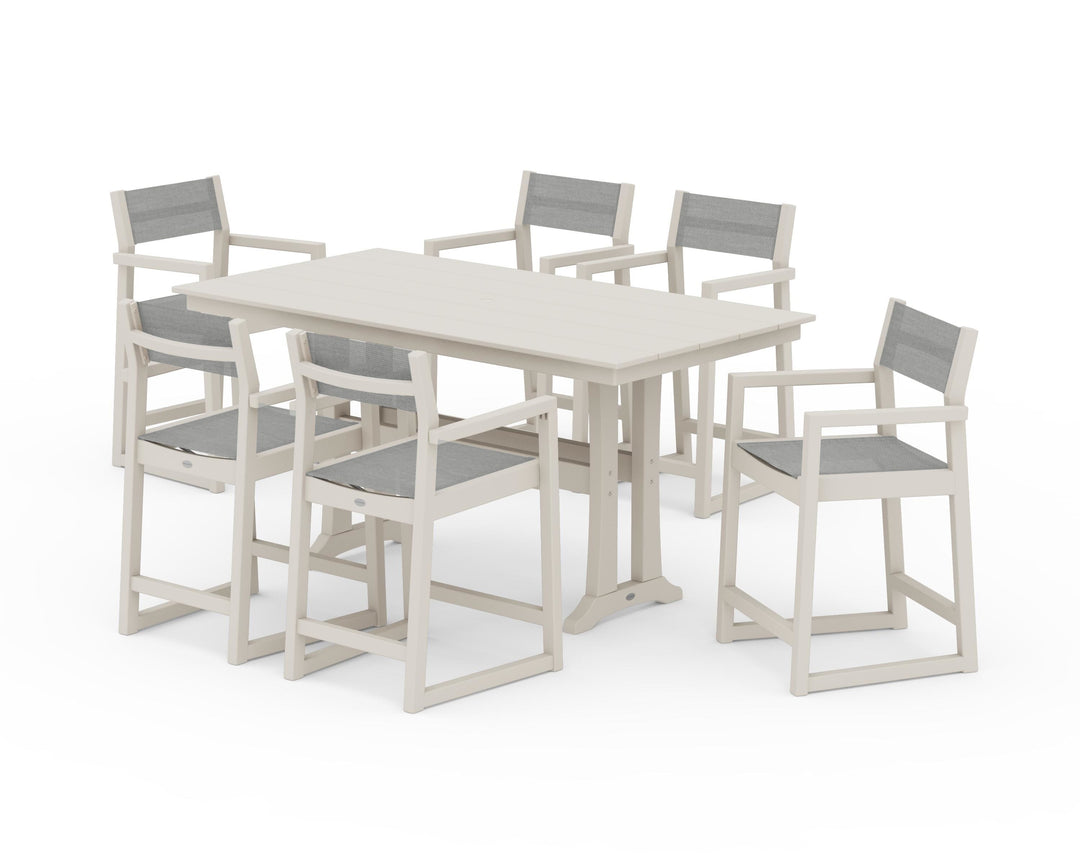 POLYWOOD® EDGE Sling Arm Chair 7-Piece Farmhouse Counter Set with Trestle Legs