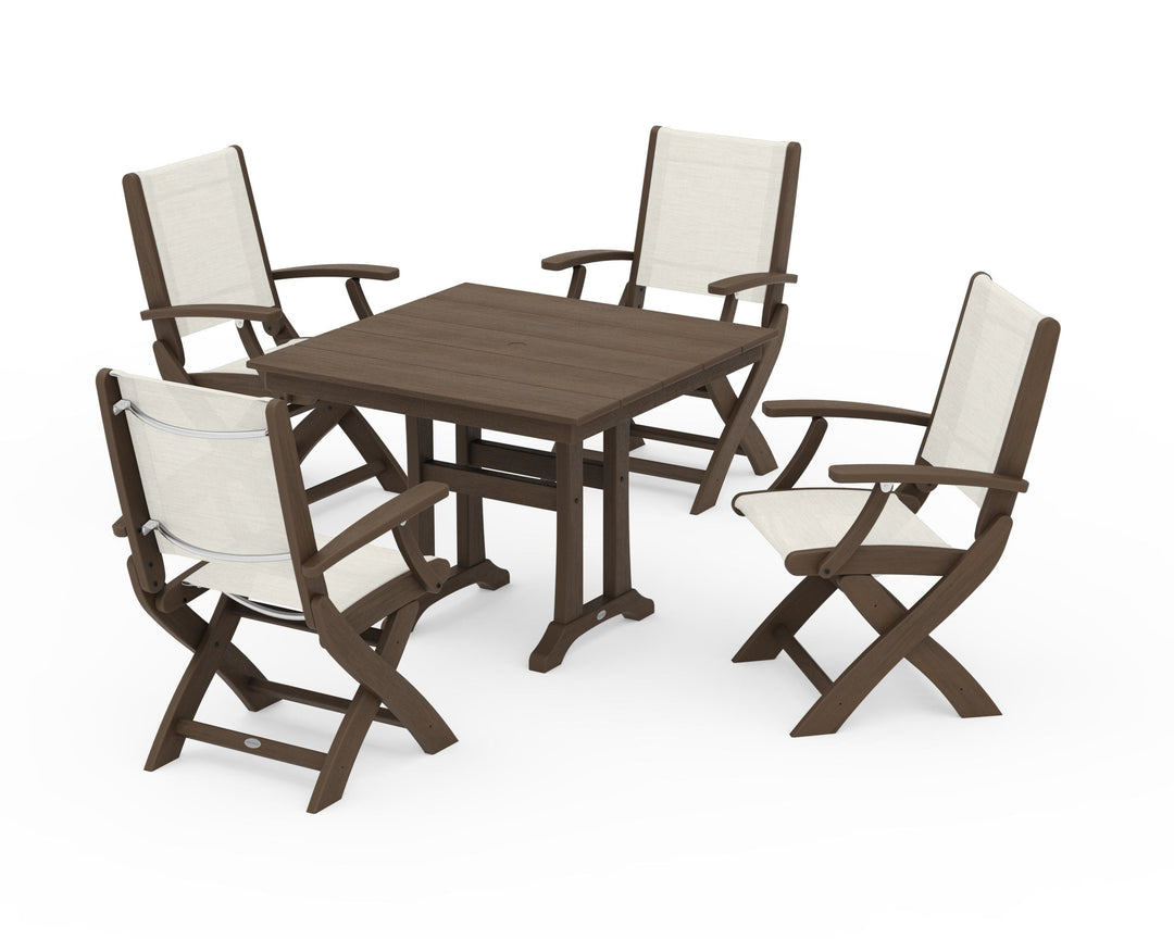 POLYWOOD® Coastal Folding Chair 5-Piece Farmhouse Dining Set With Trestle Legs