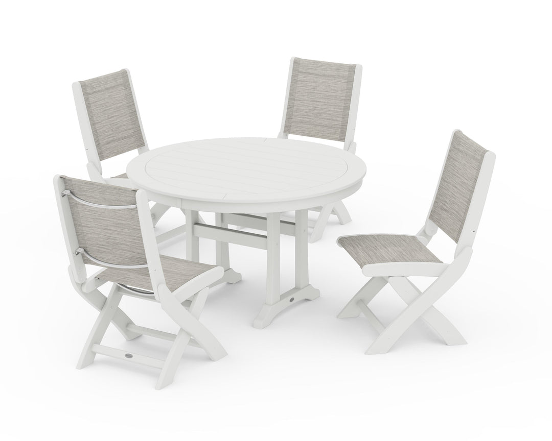 POLYWOOD® Coastal Folding Side Chair 5-Piece Round Dining Set With Trestle Legs