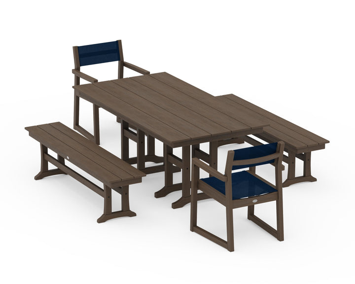 POLYWOOD® EDGE Sling Arm Chair 5-Piece Farmhouse Dining Set with Benches