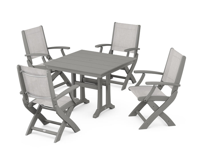 POLYWOOD® Coastal Folding Chair 5-Piece Farmhouse Dining Set With Trestle Legs