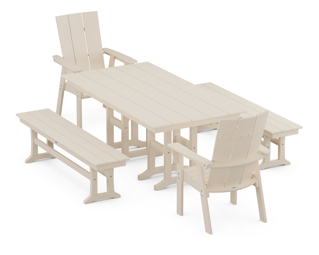 POLYWOOD® Modern Curveback Adirondack 5-Piece Farmhouse Dining Set with Benches