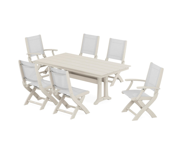 POLYWOOD® Coastal Folding Chair 7-Piece Farmhouse Dining Set with Trestle Legs