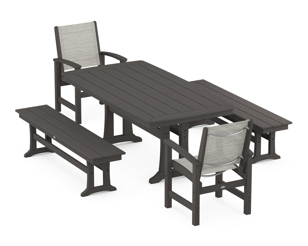POLYWOOD® Coastal 5-Piece Dining Set with Trestle Legs and Benches
