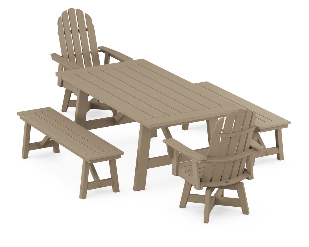 POLYWOOD® VineyardCurveback Adirondack Swivel Chair 5-Piece Rustic Farmhouse Dining Set With Benches