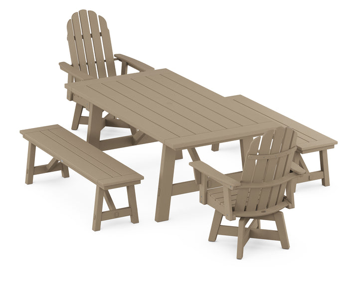 POLYWOOD® VineyardCurveback Adirondack Swivel Chair 5-Piece Rustic Farmhouse Dining Set With Benches