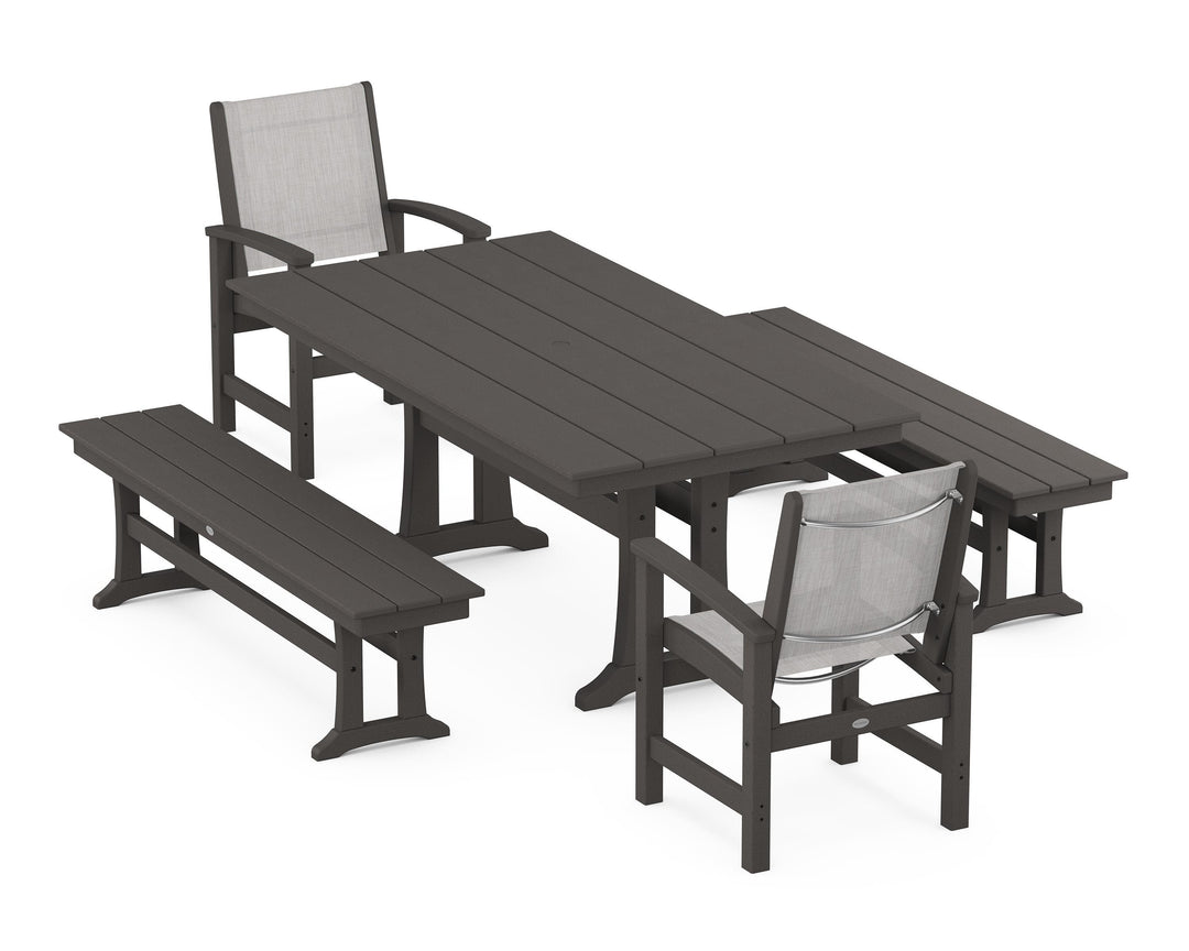 POLYWOOD® Coastal 5-Piece Farmhouse Dining Set with Trestle Legs and Benches